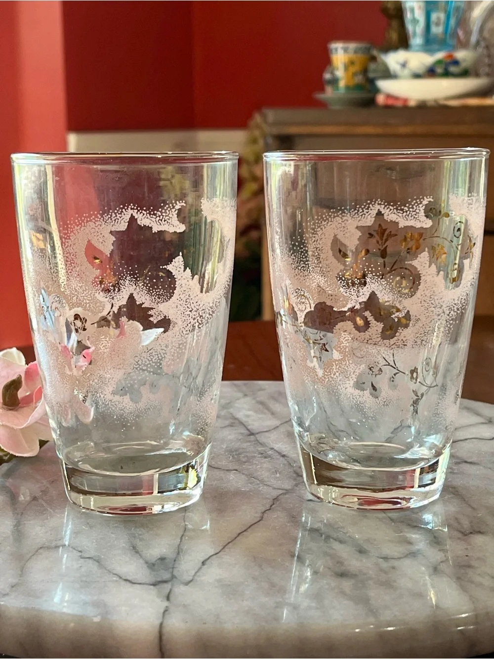VTG Libbey Duchess Pink Gold Floral Tumbler Glasses Mid Century Modern Set of 2